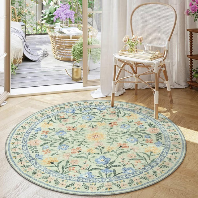Wonnitar Washable Floral Round Rug, 6ft Sage Green Round Area Rugs for Bedroom Nursery, Boho Non-Slip Indoor Large Circle Carpets for Dining Room Living Room Kids Playroom