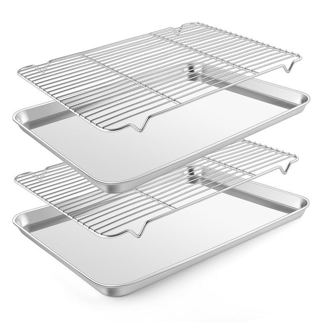 E-far Baking Sheet with Wire Rack (2 Pans + 2 Racks), Large Stainless Steel Cookie Sheets Pan & Cooling Rack for Baking Cookies Cake, Non Toxic & Heavy Duty, Oven & Dishwasher Safe, 18 x 13 x 1 Inch