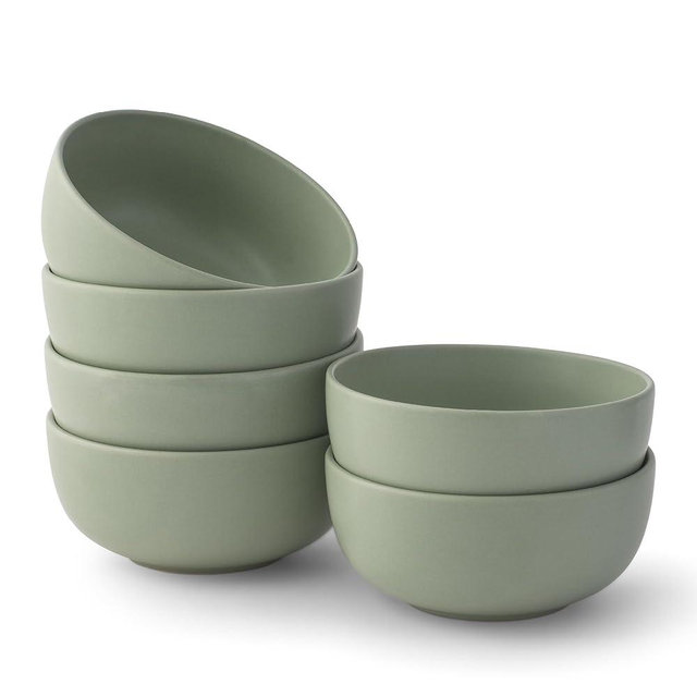 JoyJolt Mesa 23oz Stoneware Soup Bowls, Dishwasher and Microwave Safe Bowls, 5.8" Matte Sage Green Cereal Bowls Set of 6 for Kitchen, Pasta Oatmeal Salad Ice Cream or Dessert