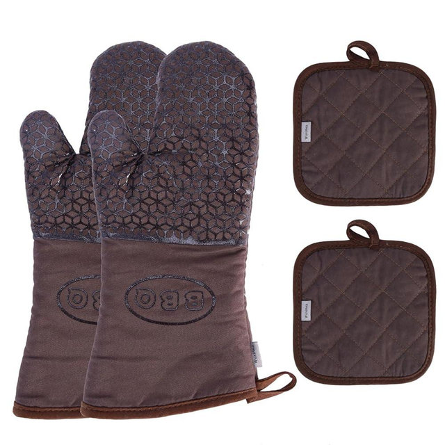 Set of 4 Oven Mitts and Pot Holder Heavy and Tall Kitchen Cotton Gloves Lined Towelcloth, Gloves Length 40cm, Pot Holder Width 20cm Diameter Round… (Brown)
