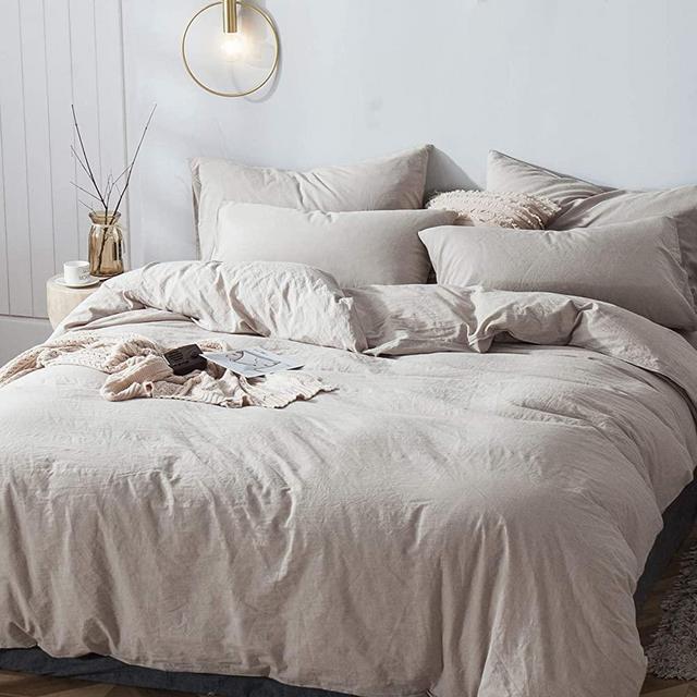 BESTOUCH Duvet Cover Set 100% Washed Cotton Linen Feel Super Soft Comfortable Chic Lightweight 3 PCs Home Bedding Set Linen Grey King