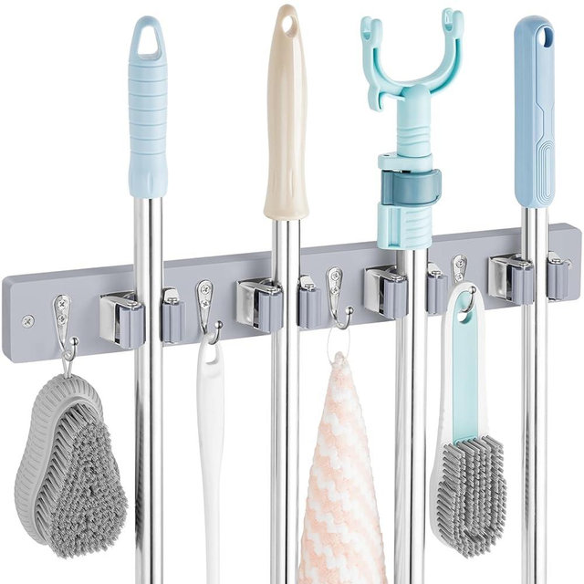 OUTNILI Gray Mop Broom Holder Wall Mount with 4 Slots & 4 Hooks - Rustic Wood Broom Mop Hanger for Pantry Closet Laundry Room Organization - Heavy Duty Garden Tool Organizer