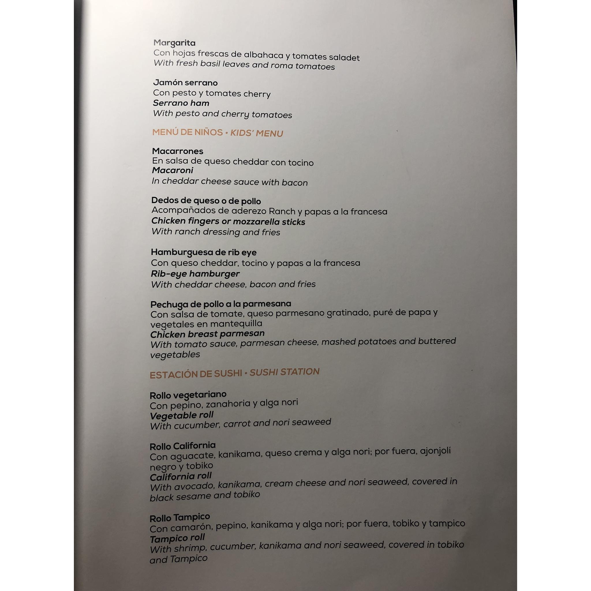 Lunch and dinner room service menu