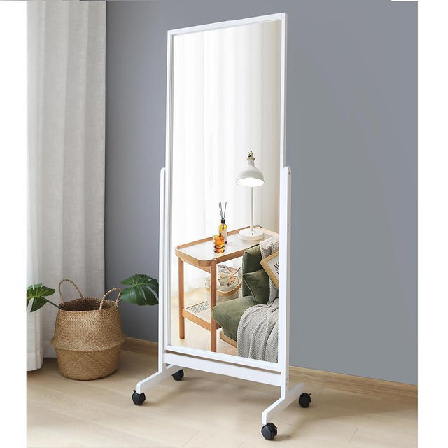AISUNDY Swivel Adjustable Full Length Mirror on Wheels, Pine Wood Frame Cheval Bedroom Floor Mirror Dressing Mirror Body Mirror with Standing Holder (White, 65"x22")