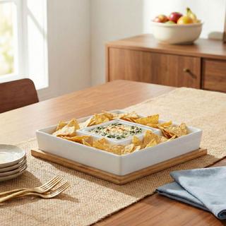 Ceramic Square Chip & Dip Dish with Bamboo Bottom