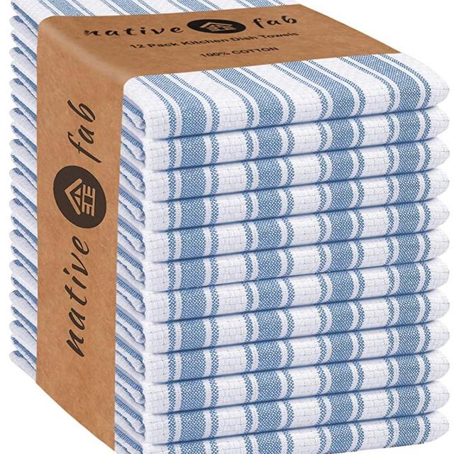 Native Fab 12 Pack Farmhouse Basket Weave Kitchen Dish Towels Cotton Absorbent Washable 15x25 - Tea Towels, Dish Cloths, Restaurant Cleaning Towels, Kitchen Towels with Hanging Loop, Blue White