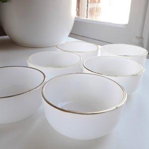 french vintage advertising 6 cups of opaline "oil lesieur" 60's / 6 french vintage ARCOPAL milk glass dishes of the 1960's