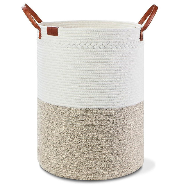 YOUDENOVA Tall Laundry Basket, 58L Large Dirty Clothes Hamper with Leather Handle, Woven Rope Storage Basket for Blanket, Toy In Living Room, Bathroom, Bedroom - Brown