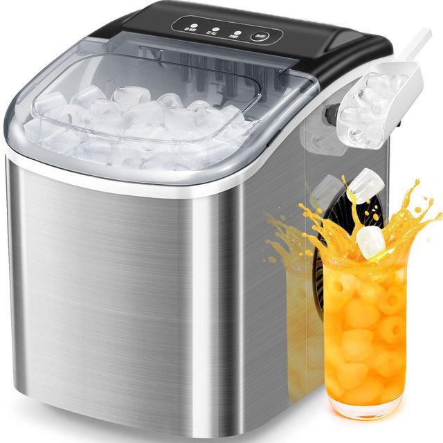 R.W.FLAME Stainless Steel Ice Maker Countertop, Bullet ice, 26.5Lbs/24H, 9 Pcs/6 Mins, with self-cleaning, ice basket, and scoop, with Handle (Silver）