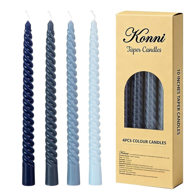 Blue Spiral Taper Candles, 10 inch Gradient Twisted Candles,4 Pack Unscented and Smokeless Long Burning Candles with Cotton Wicks,Tall Candlesticks,Ideal for Weddings, Dinner Parties, and Home Décor