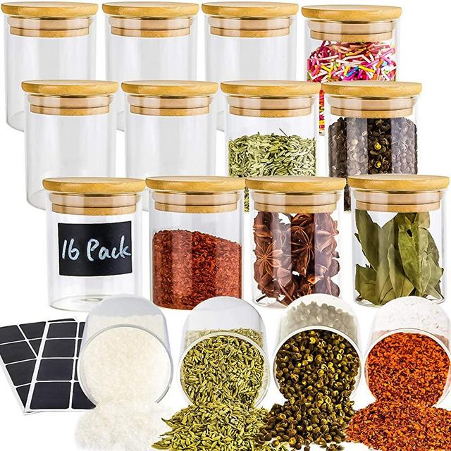 16 Piece Glass Jars with Lids, Airtight Bamboo Lids Food Storage Containers Set For Kitchen, Spice, Coffee, Beans, Candy, Nuts, Herbs, Dry Food Canisters (Extra Chalkboard Labels) - 7 oz Clear