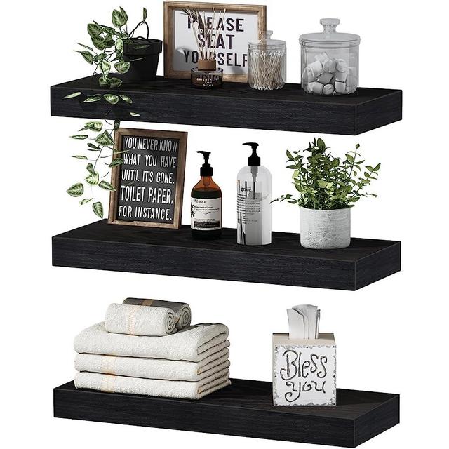 QEEIG Black Floating Shelves Bathroom Wall Shelf Mantel Shelves 16 inch Set of 3 (015-B3)
