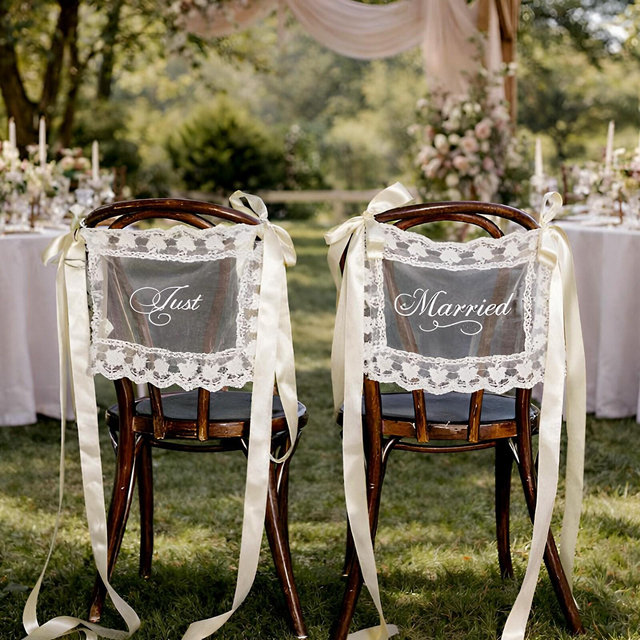 Personalized Lace Chair Signs, Just Married Chair Sign for Bride and Groom, Wedding Chair Covers, Sheer Lace Signs, Wedding Chair Decor