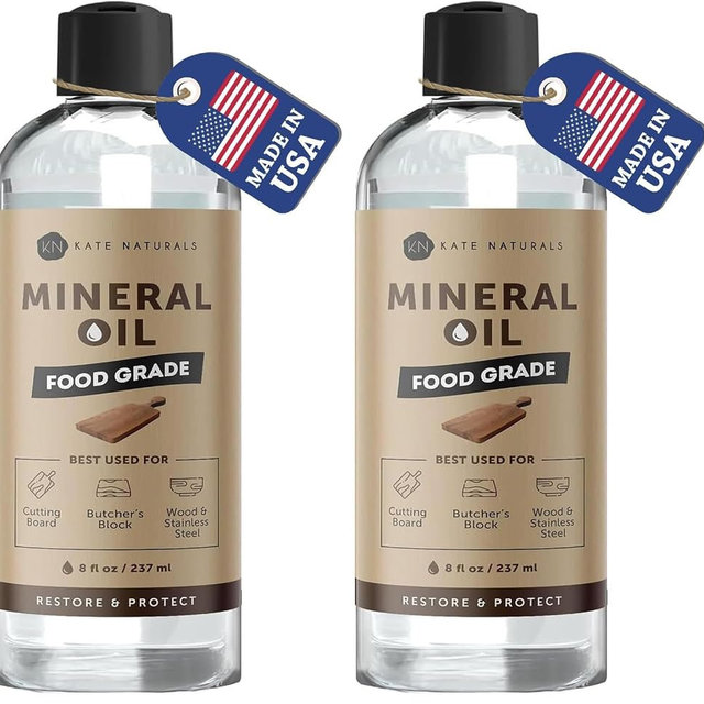 Kate Naturals Mineral Oil for Wood Cutting Board, Butcher Block, and Knife. Substitute for Linseed Oil (8oz, Food Grade, Food Safe) (Pack of 2)