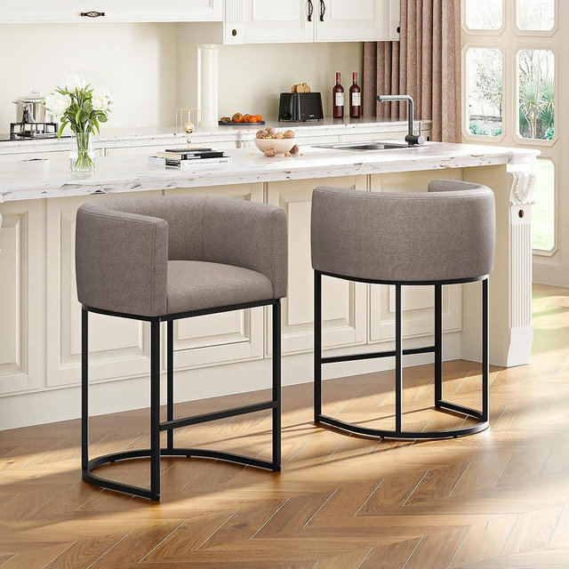 VATROS 26" H Counter Height Bar Stools Set of 2, Modern Barrel Counter Stools with Backrest and Arms, Linen Fabric Upholstered Accent Barstools for Kitchen Island,Support 450 LBS (Sand)