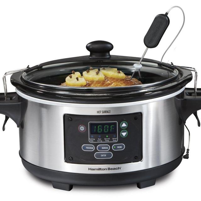 Hamilton Beach Portable 6-Quart Set Forget Digital Programmable Slow Cooker with Lid Lock, Temperature Probe, Stainless Steel