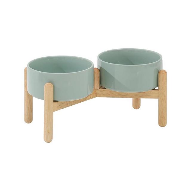 Havniva Ceramic Raised Dog Bowl with Stand for Medium and Large Breed Dog Dish Pet Food and Water Bowl (Double Bowl with Stand - Light Green, 6" D)