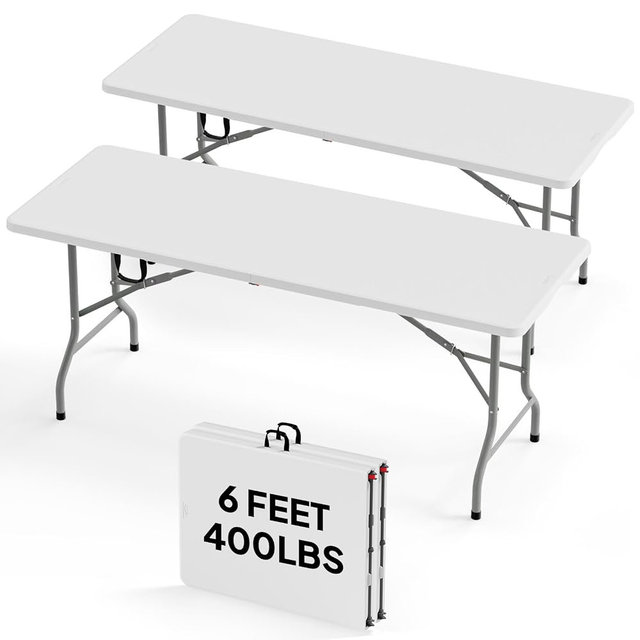 Bonnlo 2P Folding Table 6ft, Portable Collapsible Plastic White Long Tables for Party, Camping, Banquet, Craft, Dining, Wedding, Outdoor and Indoor Use