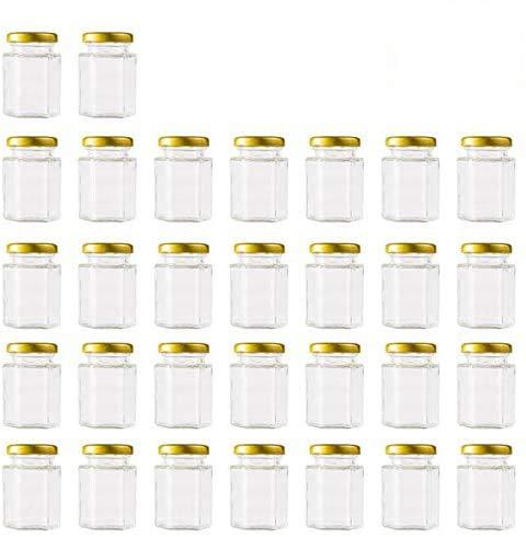 Encheng 4 oz Clear Hexagon Jars,Small Glass Jars With Lids(Golden),Mason Jars For Herb,Foods,Jams,Liquid,Spice Jars For Storage 30 Pack