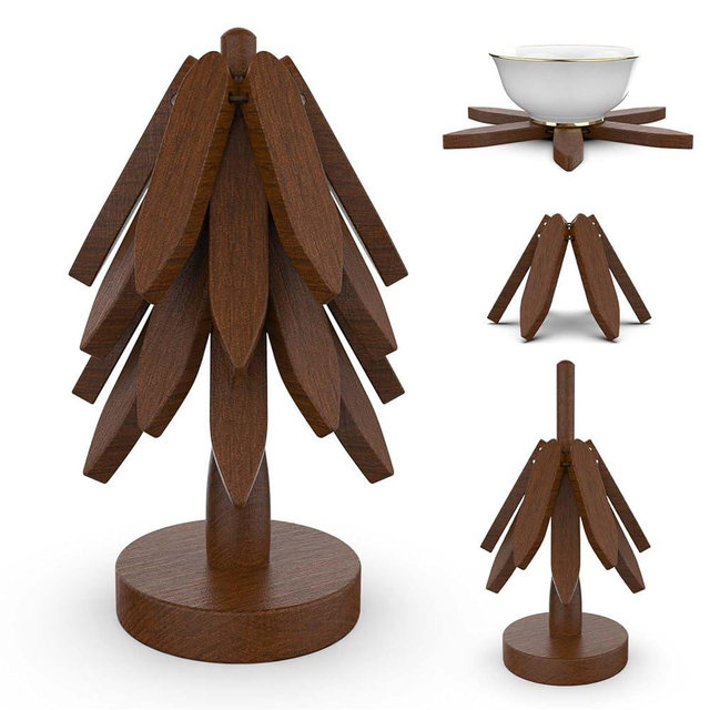 Wooden Trivets for Hot Dishes, Tree Shape Trivet Set, 4 Wooden Trivets+1 Stand, Natural Foldable Kitchen Wooden Trivet for Hot Dishes, Pot, Bowl, Teapot, Hot Pot Holders
