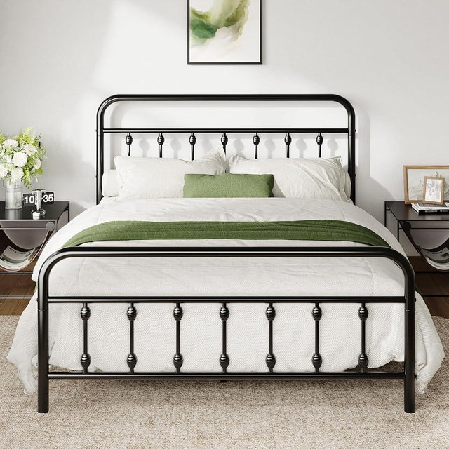 Allewie 14 Inches Full Size Metal Platform Bed Frame with Victorian Style Iron-Art Headboard/Footboard, Mattress Foundation, Easy Assembly, Under Bed Storage, No Box Spring Required, Black