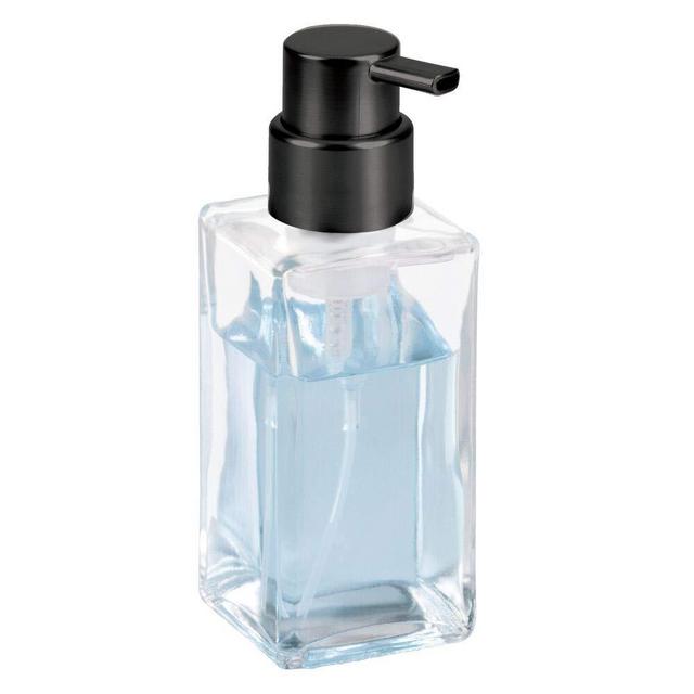 mDesign Modern Square Glass Refillable Foaming Hand Soap Dispenser Pump Bottle for Bathroom Vanities or Kitchen Sink, Countertops - Clear/Brushed Black Nickel