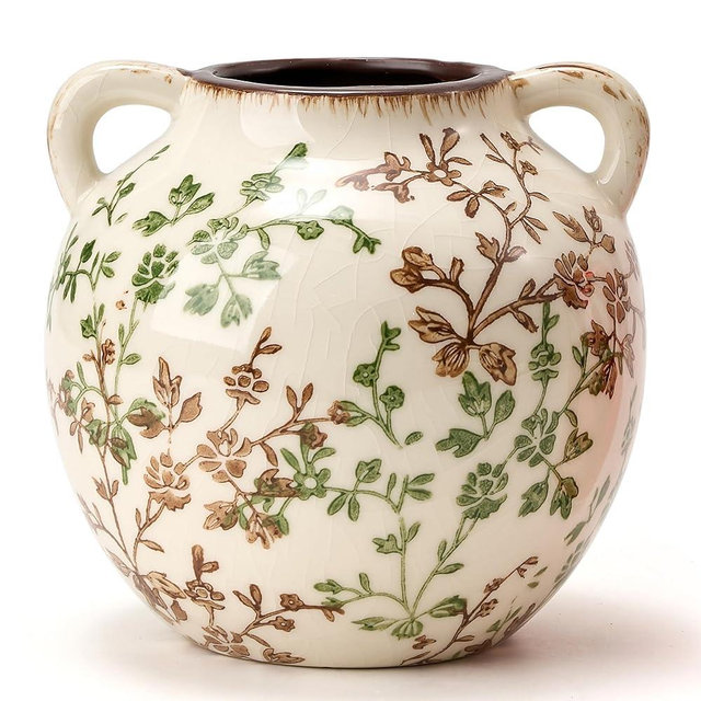 Green and Beige Antique Vase, 5.6 Inch Vintage Chinoiserie Floral Vase, Rustic Ceramic Vase for Home Decor, Living Room, Bookshelf, Office, Entryway, Garden, Chinoiserie Decor, Tuscan Decor