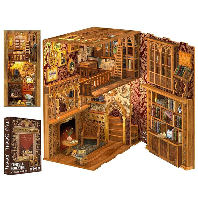Cutefun Book Nook Kit Library, DIY Miniature Booknook Kit for Adults, 3D Wooden Puzzle Bookend Bookshelf Decor with LED Light & Dust Cover Christmas Crafts Gifts for Book Lovers (Eternal Bookstore)