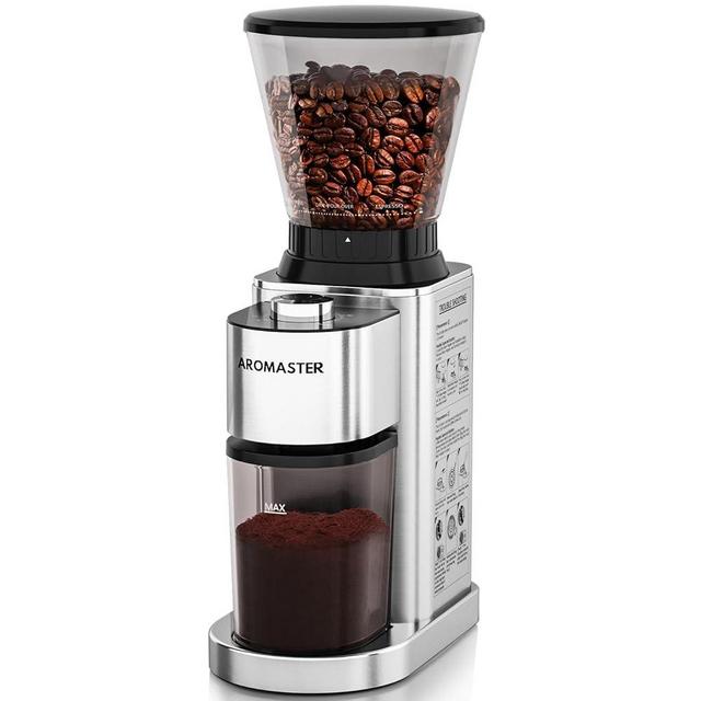 Aromaster Burr Coffee Grinder with 48 Gind Settings, Conical Coffee Bean Grinder for Home Use,Stainless Steel,40 Seconds Adjustable Timer,Anti-static,Easy to Clean with Brush