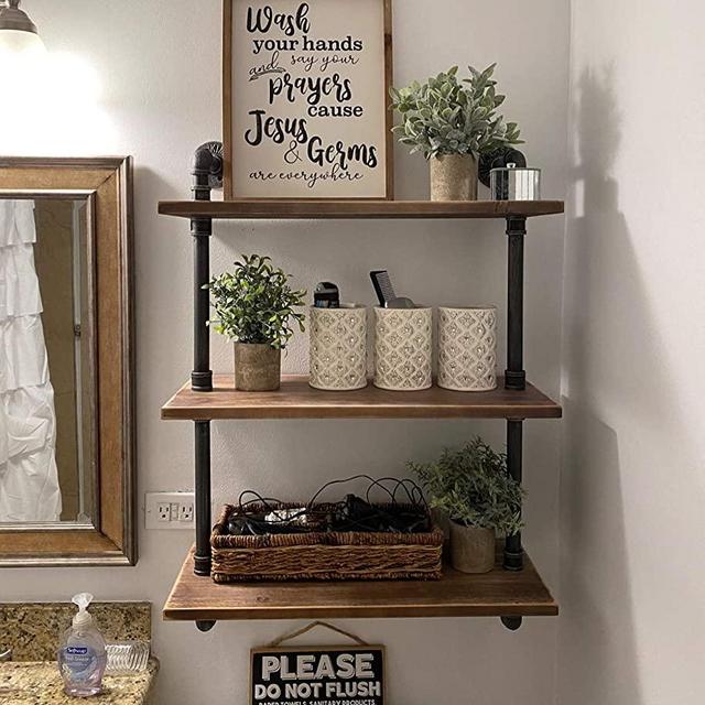 BOSURU Industrial Pipe Shelving Rustic Wood Floating Shelves 3 Tiers Modern Wall Mount Bookshelf(Black,24 inch)