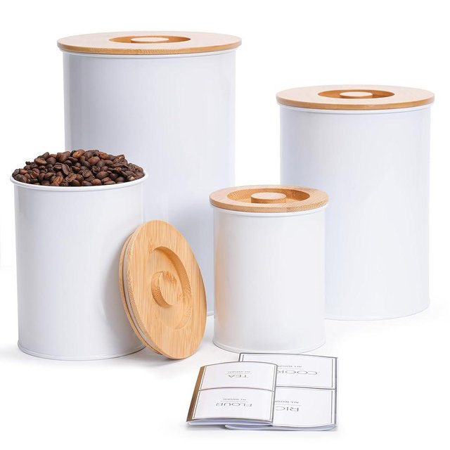 Canisters Sets for Kitchen Countertop, White Metal Kitchen Canisters Set of 4, Flour and Sugar Storage Containers with Airtight Bamboo Lid and Stickers, Coffee and Tea Storage, Farmhouse Decor