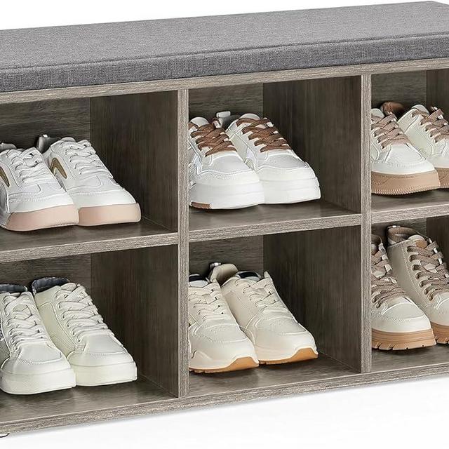 VASAGLE Shoe Bench with Cushion, Shoe Storage Bench with 6 Compartments and 3 Adjustable Shelves, Entryway Bench with Padded Seat, for Bedroom, Closet, Living Room, Greige ULHS023K02