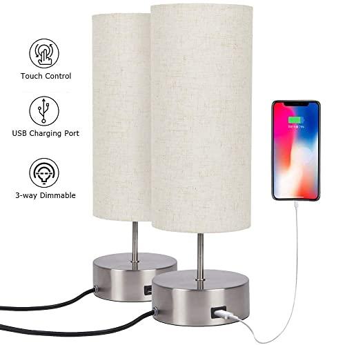 Touch Control Table Lamp Bedside with USB Charging Port,3 Way Dimmable Touch Lamps with Sand Nickel Base and Cylindrical Linen Lampshade for Bedroom Living Room Office (2packs)