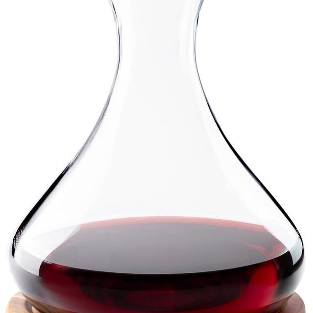 Cork & Mill Wine Decanter Set with Acacia Wood Stand and Lid/Stopper, Contemporary Hand Blown Crystal Decanter, Large Glass Carafe/Aerator, Red Wine Accessories, Luxury Gift Idea for Women or Men