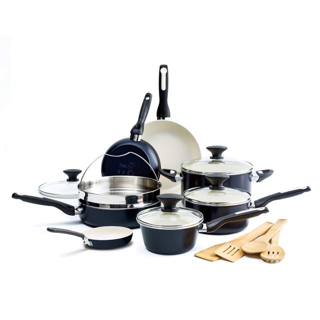 GreenPan Rio Healthy Ceramic Nonstick, Cookware Pots and Pans Set, 16 Piece, Black