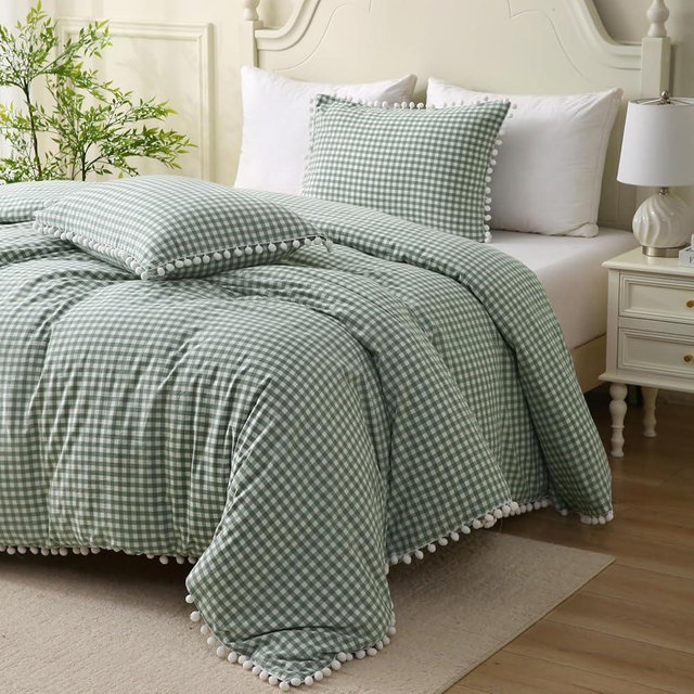 Mywinlle Dusty Green Gingham Pompom Duvet Cover Bedding Set King Size,3 Pieces 100% Washed Cotton Cute Plaid Checkered Comforter Cover Set(King 104"x90", Comforter Not Included)
