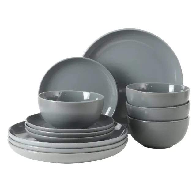 Gibson Home Rockaway 12 Piece Plates and Bowls Matte Outside/Shiny Inside Glaze Service for 4 Dinnerware Set - Blue