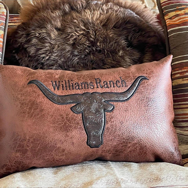 Custom Brand Pillows Leather western decor pillows for gifting, personalized cattle brand accessories for ranches and luxury mountain homes