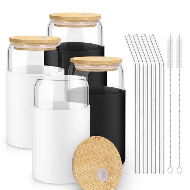 sungwoo Glass Cups with Lids and Straws, 4 Pack 16OZ Iced Coffee Cups with Silicone Sleeve, Glass Tumbler with Straw and Bamboo Lid, Home Essential Drinking Set for Juice, Cocktail and Tea Black&White
