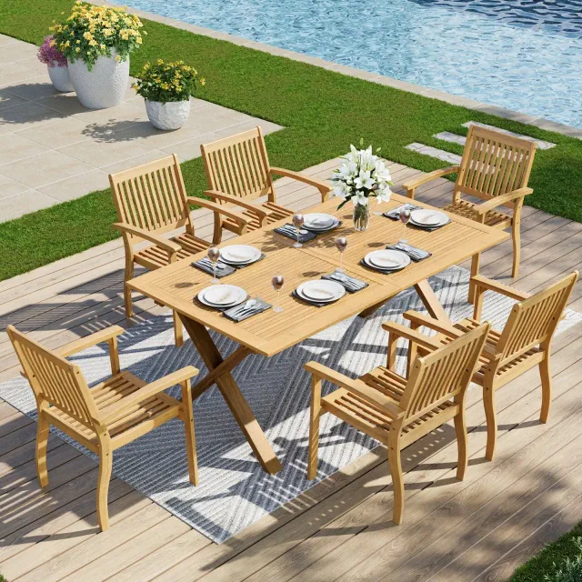 Captiva Designs 7pc Acacia Wood Patio Furniture Set with Expandable Dining Table & Slatted Seat Arm Chairs