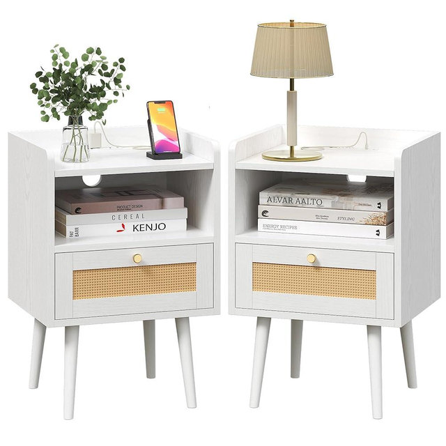 Night stand Set of 2, Bedside Tables with Charging Station, Rattan End Tables, Boho Bed Side Tables, Wood Nightstands set of 2 for Kids' Room Farmhouse Bedroom Living Room Dorm Sofa Couch (black)