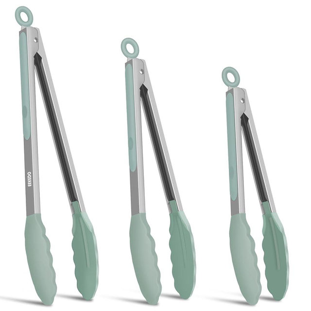 EEKEDO Kitchen Tongs, Stainless Steel Cooking Tongs with Silicone Tips, 600ºF High Heat-Resistant Non Scratch Locking Tongs for Cooking BBQ Grilling Air Fryer Pans, Set of 2 (7" 9" and 12") Sage Green