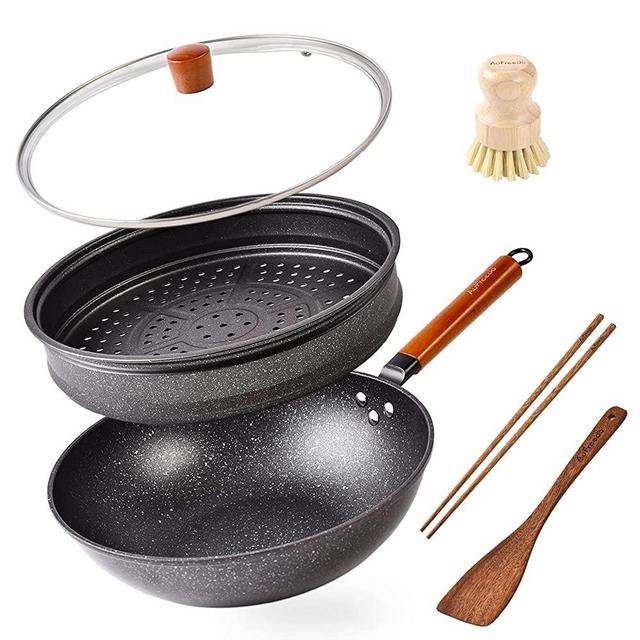 Woks and Stir Fry Pans With Lid,Wok Pan with Steam Rack&Lid for Gas Stoves and Induction,Wok Set with Spatulas,Chopsticks,Bamboo Pot Brush
