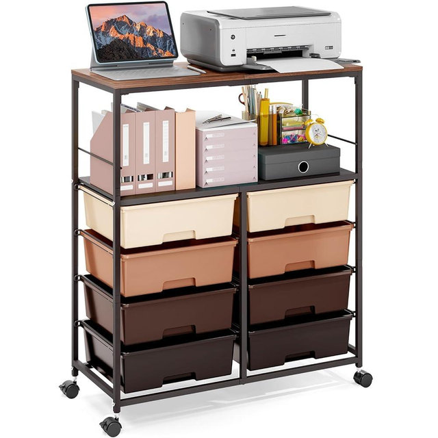 Rolling cart with 8 drawers,Storage drawer cart with wooden tabletop,Lockable wheels organizer for homeschool, arts & crafts, classroom, office & creative spaces (Brown)