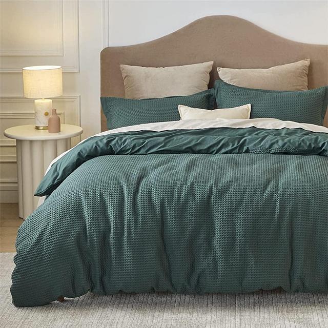 Bedsure Cotton Duvet Cover King - 100% Cotton Waffle Weave Mallard Green Duvet Cover King Size, Soft and Breathable King Duvet Cover Set for All Season (King, 104x90'')