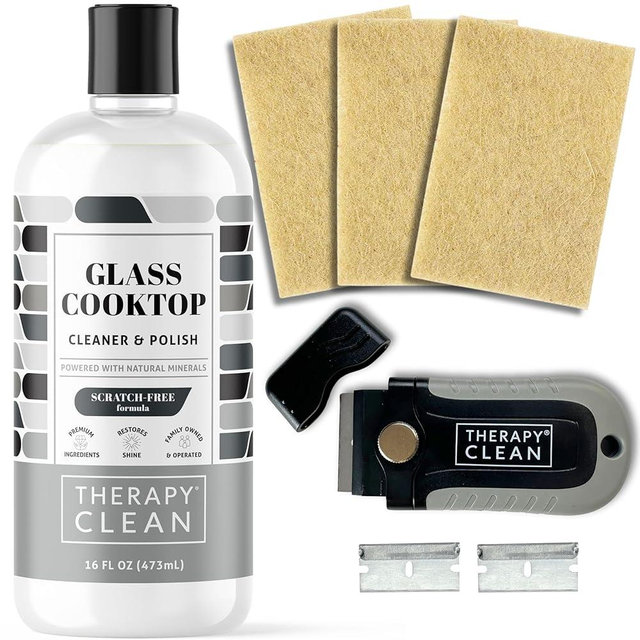 Therapy Glass Cooktop Cleaner Kit - 16oz with Scraper & 3 Non-Scratch Pads - For Electric, Induction, Ceramic & Gas Stove Top - Heavy Duty Flat Top Stove Cleaner & Polish