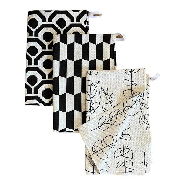 Desert Aqua || 3 Pack|| Not Your Ordinary Dish Towels || Waffle Weave Microfiber || Tea Towels || Highly Absorbent || Hanging Loop || Dish Cloths || Modern || Designer Prints (Black)