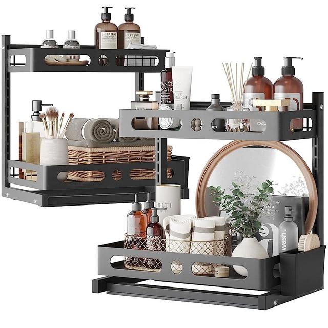 NETEL Under Sink Organizer,Pull Out Sliding Cabinet Basket Organizer 2 Tier Under Bathroom Storage Rack, Multi-Use for, Height Adjustable, With strong double-sided adhesive, Black 2-pack
