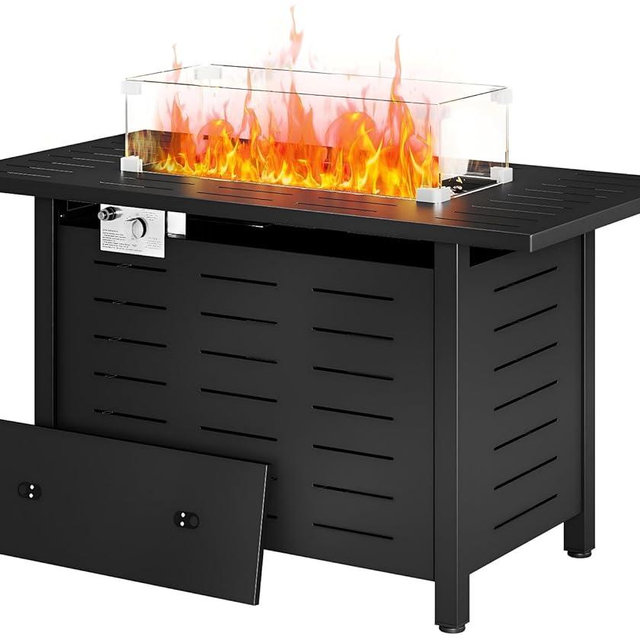 Aoxun 44" Propane Fire Pit Table– 60,000 BTU Outdoor Gas Fire Pits with Removable Lid & Waterproof Cover, Lava Rocks Rectangle Gas Firepit Table for Outside Patio Black