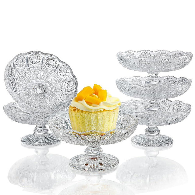 kanpura Set of 6 Glass Cake Plate Dessert Stand,Crystal Cupcake Plate Server,Clear Small Cake Stand for Chocolate, Dessert, Fruit,Wedding, Birthday, Baby Shower, Party
